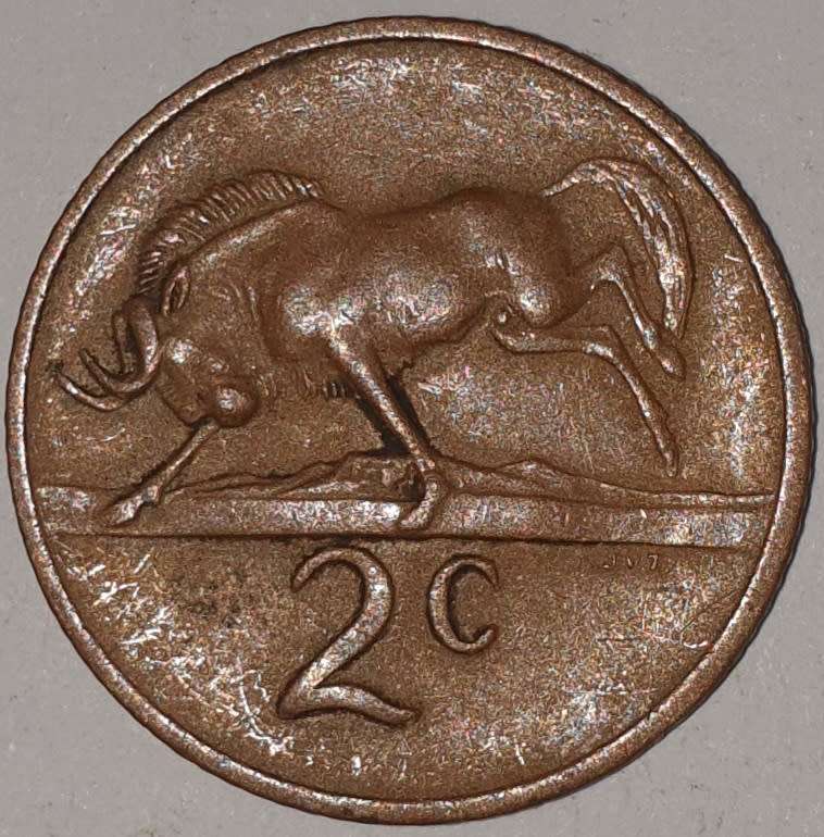 1974 - 2 CENT COIN (TWO CENT COIN) - RSA - BRONZE - KM#83 - BILINGUAL LEGEND - WILDEBEEST